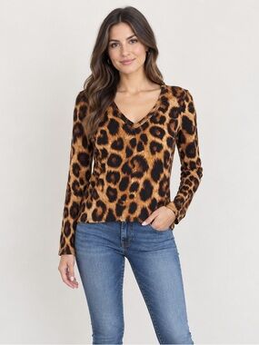 Leopard Print V-Neck Long Sleeve Top - Brown